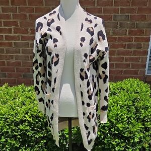 Entro Cream and Black Knit Leopard Print Cardigan Sweater Size S